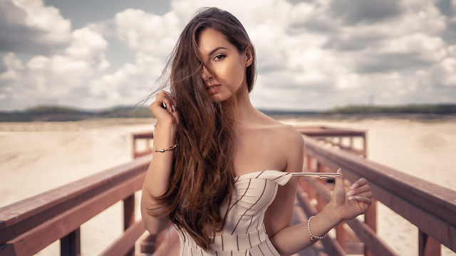 Woman dress bridge wind beach free wallpaper - medium preview image