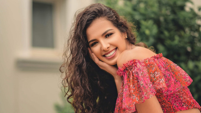 Woman smiling pink floral tree free wallpaper - medium preview image