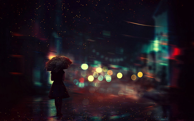 Rainy night umbrella cityscape cinematic free wallpaper - medium preview image
