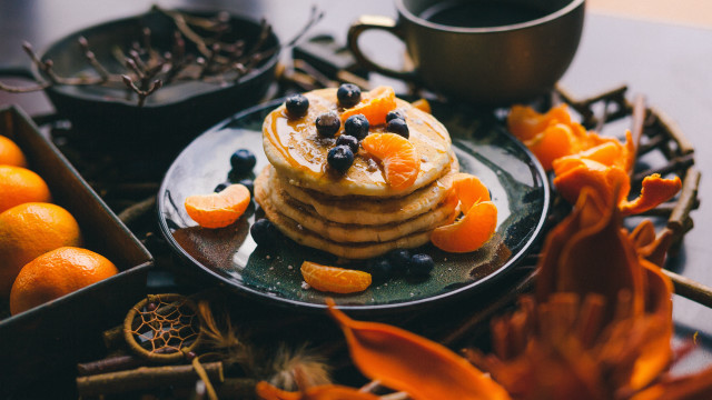 Pancakes blueberries oranges coffee tea free wallpaper - medium preview image