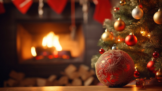 Christmas tree red ball fireplace free wallpaper - medium preview image