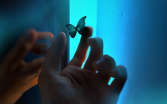 Blue butterfly glowing hologram translucent free wallpaper - medium preview image