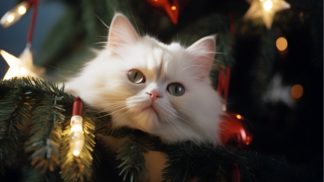 White cat christmas tree lights free wallpaper - medium preview image