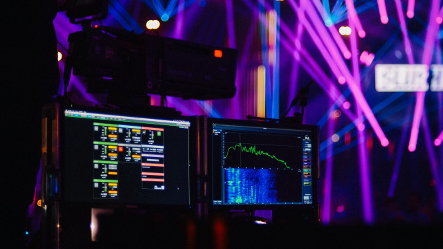 Cyberpunk hologram monitors microphone neon free wallpaper - medium preview image