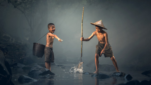 Boys water sticks buckets fishing free wallpaper - medium preview image
