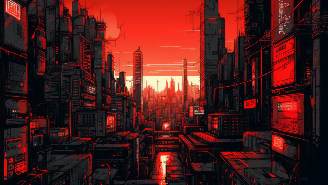 Red cyberpunk cityscape sunset tokyo free wallpaper - medium preview image