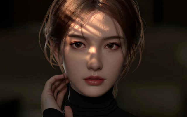 Woman black turtleneck pose photorealistic free wallpaper - medium preview image