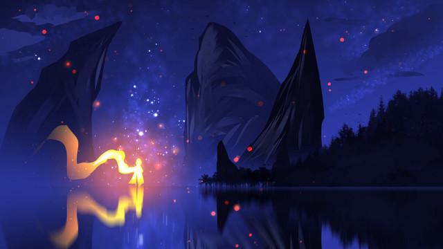 Lake mountains stars fireworks aurora free wallpaper - medium preview image