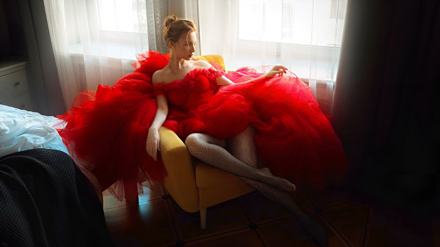 Woman red dress yellow chair #2 free wallpaper - medium preview image