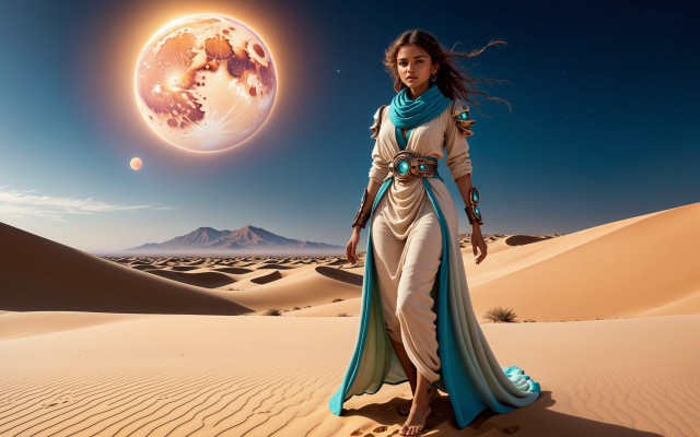 Desert woman planet night mountains free wallpaper - medium preview image