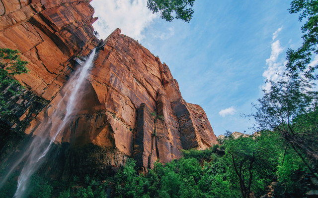 Waterfall rock formation trees blue free wallpaper - medium preview image