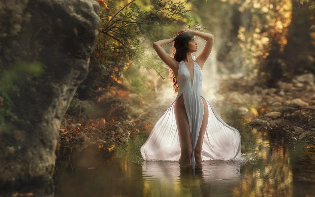 Woman white dress forest waterfall free wallpaper - medium preview image