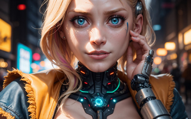Cyberpunk blonde woman blueeyes leatherjacket free wallpaper - medium preview image