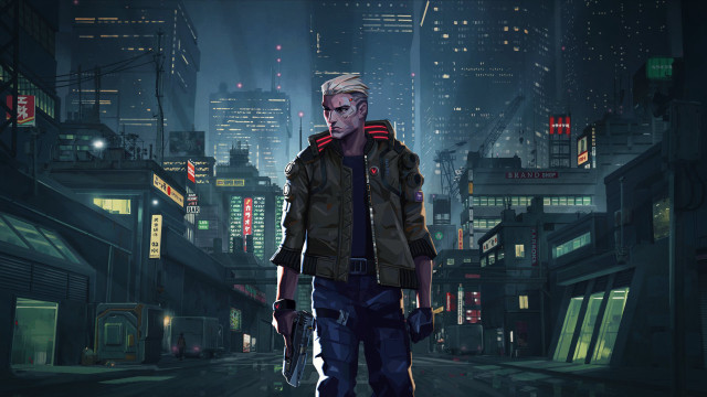 Cyberpunk man night cityscape gun free wallpaper - medium preview image
