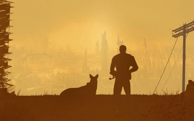Man dog field city sunset free wallpaper - medium preview image