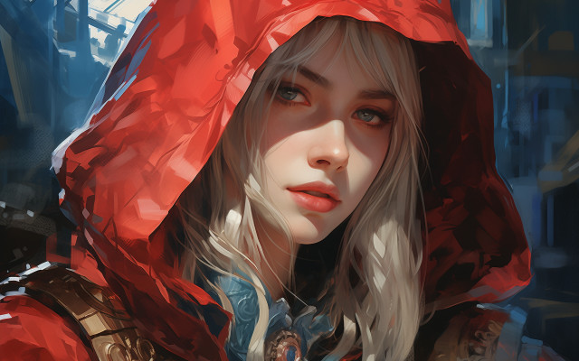 Woman red hoodie cape blue free wallpaper - medium preview image