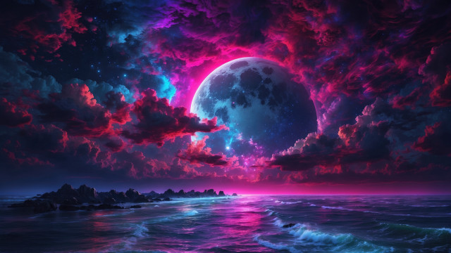 Full moon ocean purple blue free wallpaper - medium preview image