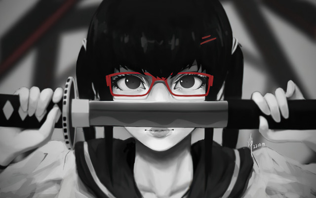 Woman glasses katana serious school free wallpaper - medium preview image