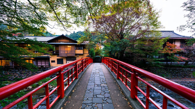 Red bridge stream park houses free wallpaper - medium preview image