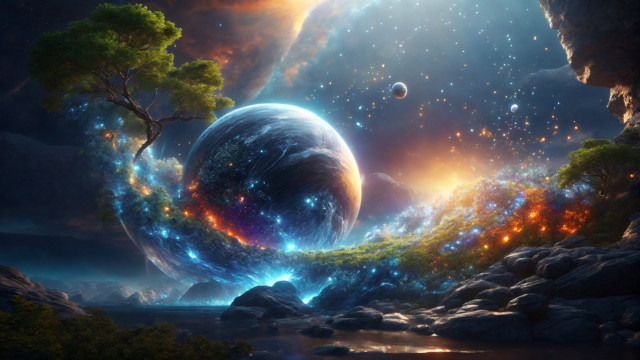 Planet tree lake space matte free wallpaper - medium preview image