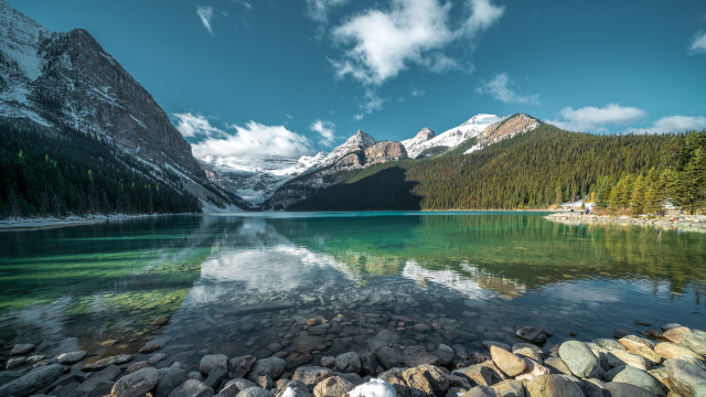 Mountain lake rocks trees sky #2 free wallpaper - medium preview image
