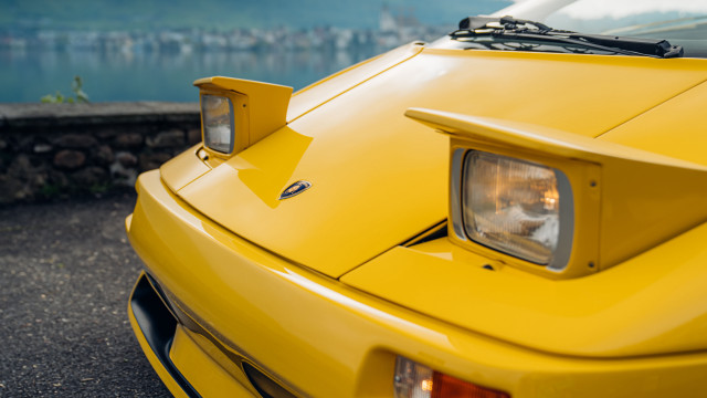 Yellow sports car lake mountain free wallpaper - medium preview image