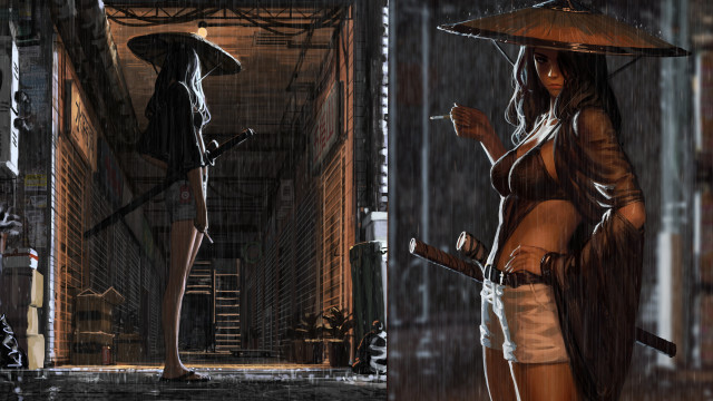 Woman raincoat smoking umbrella cyberpunk free wallpaper - medium preview image