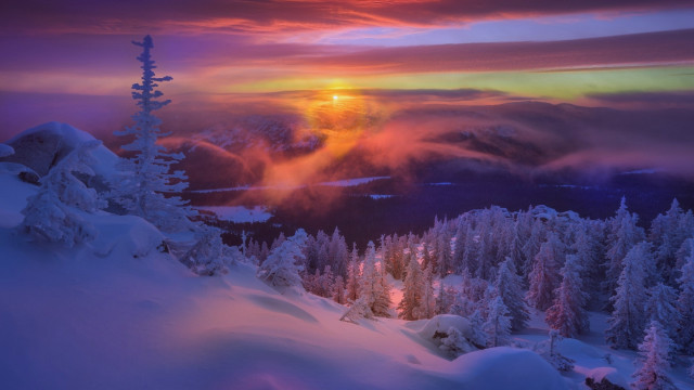 Sunset snowy mountain mystical forest free wallpaper - medium preview image