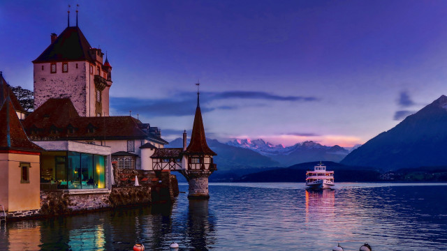 Boat castle mountains dusk magic free wallpaper - medium preview image