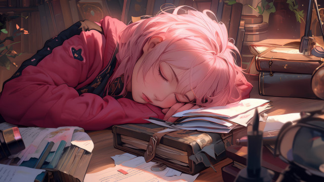 Girl sleeping books desk fantasy free wallpaper - medium preview image