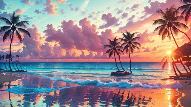 Beach sunset palm trees boat free wallpaper - medium preview image