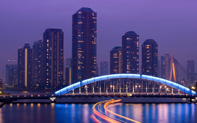 Cityscape bridge river night lights free wallpaper - medium preview image