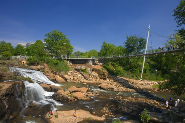 Bridge river waterfall people rocks free wallpaper - medium preview image