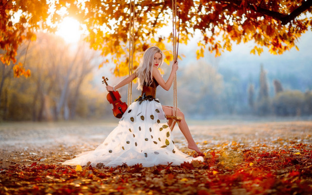 Woman swing park violin autumn free wallpaper - medium preview image
