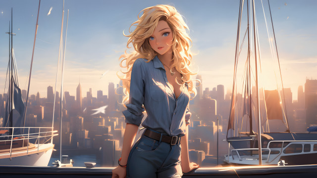 Romanticism woman harbor city boat free wallpaper - medium preview image