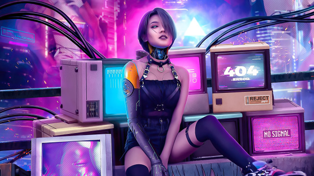 Cyberpunk woman neon tvs hologram free wallpaper - medium preview image