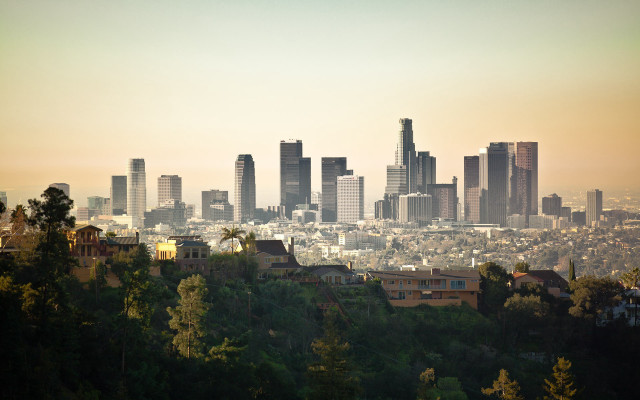 City skyline trees hazy sunset free wallpaper - medium preview image