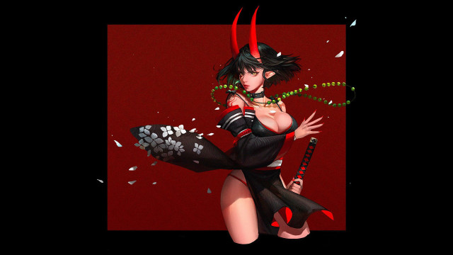 Horned woman sword kimono fantasy free wallpaper - medium preview image