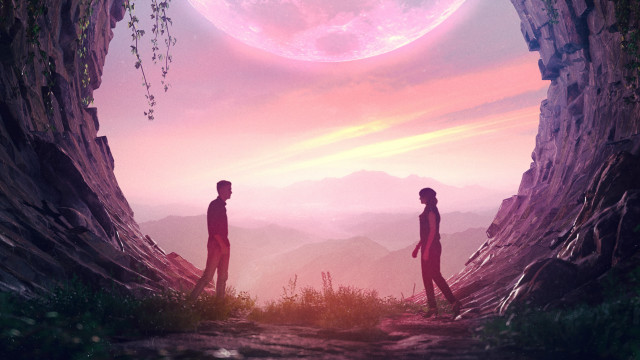 Cave two people mountains moon free wallpaper - medium preview image