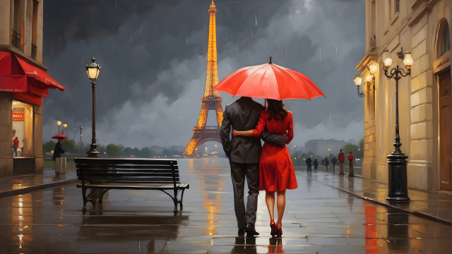 Eiffel tower rain umbrella figurative free wallpaper - medium preview image