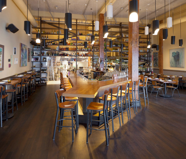 Restaurant bar chairs tables bottles free wallpaper - medium preview image
