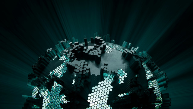 Person holding phone globe hexagons free wallpaper - medium preview image