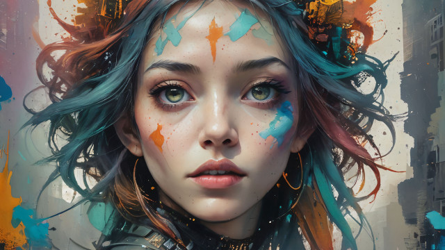 Blue haired woman cityscape embellished free wallpaper - medium preview image