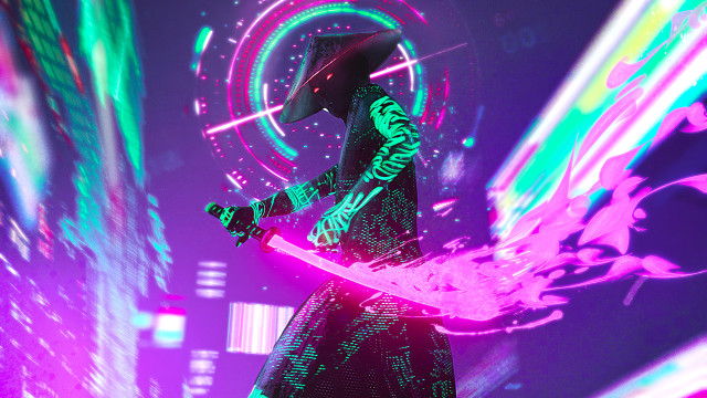 Futuristic woman neon sword cyberpunk free wallpaper - medium preview image