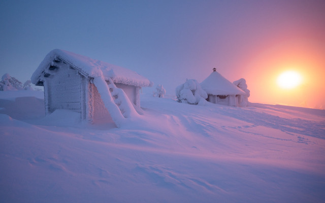 Snowy hut sun clouds mountain free wallpaper - medium preview image