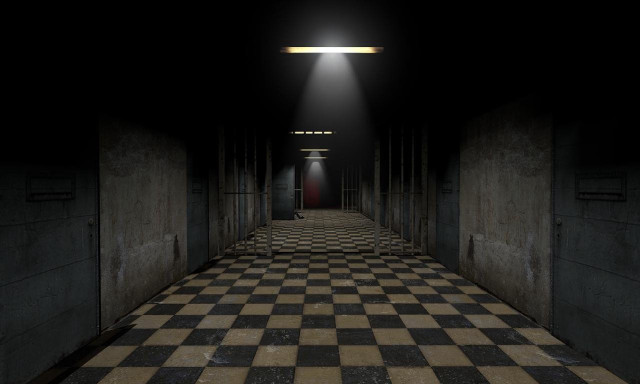 Dark hallway checkered floor ceiling free wallpaper - medium preview image