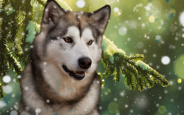 Husky snow fir branch christmas free wallpaper - medium preview image