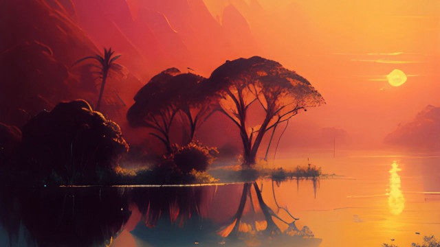 Sunset trees water boat orange free wallpaper - medium preview image
