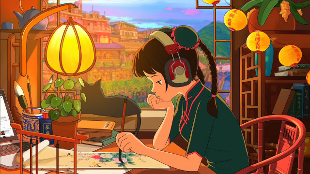 Girl headphones laptop cat chinese free wallpaper - medium preview image