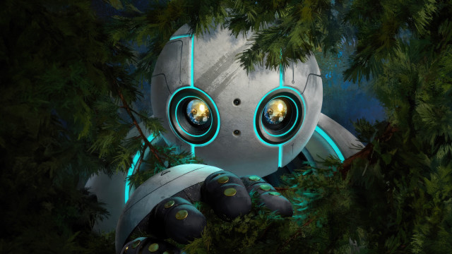 Futuristic robot hiding bamboo forest free wallpaper - medium preview image